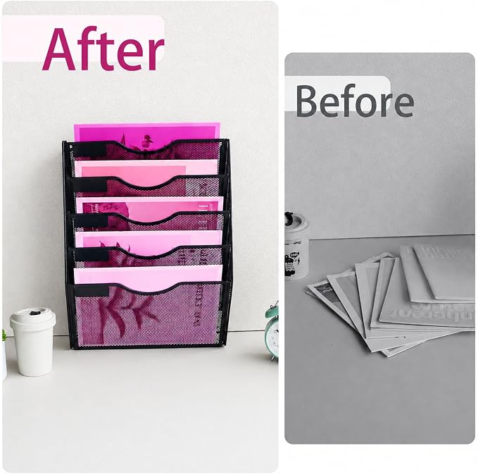 5 Pockets Mesh Wall File Holder Organizer Office Hanging File Folder Magazine Rack, Nametag Label Hooks Set Included (Black) - Image 5