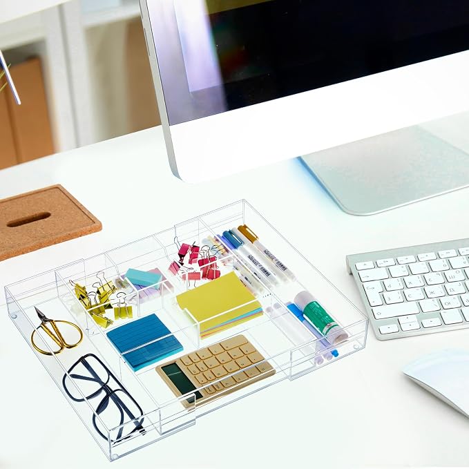 Briwooody Clear Acrylic Drawer Organizer Expandable,8 Compartments,Large | 9'' up to 18'' x 12'' x 2.1'' Desk Drawer Organizer Trays Adjustable with Desk Accessories for Makeup Office Bathroom - Image 7