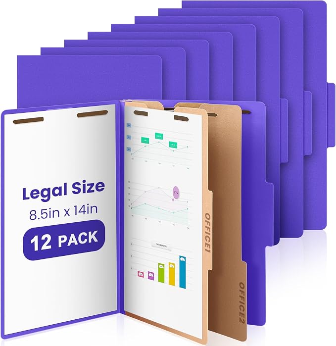 AmazingSpark 12 Pcs Legal Size Classification Folders 2 Divider, Bulk Pressboard File Folder with Expansion 2 Prongs Fastener Heavy Duty Office File Organizer for School Hospitals Home(Purple) by Unknown