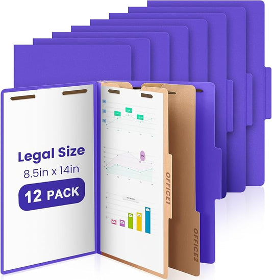 AmazingSpark 12 Pcs Legal Size Classification Folders 2 Divider, Bulk Pressboard File Folder with Expansion 2 Prongs Fastener Heavy Duty Office File Organizer for School Hospitals Home(Purple) by Unknown