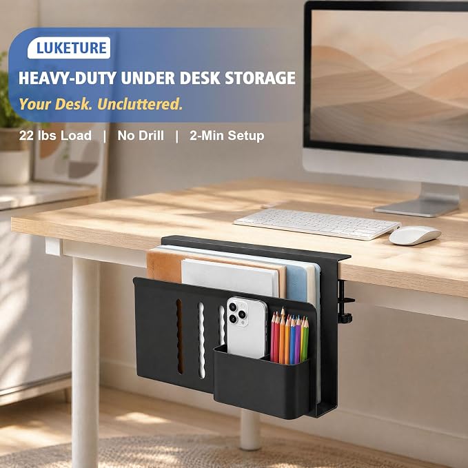 LUKETURE Desk Side Storage Laptop Holder No Drill Clamp On Organizer | Steel Side Desk Organizer, Clamp on Laptop Mount with Pen Holder, Hanging Storage for Home Office, Fits 0.3" to 2.8" - Image 2