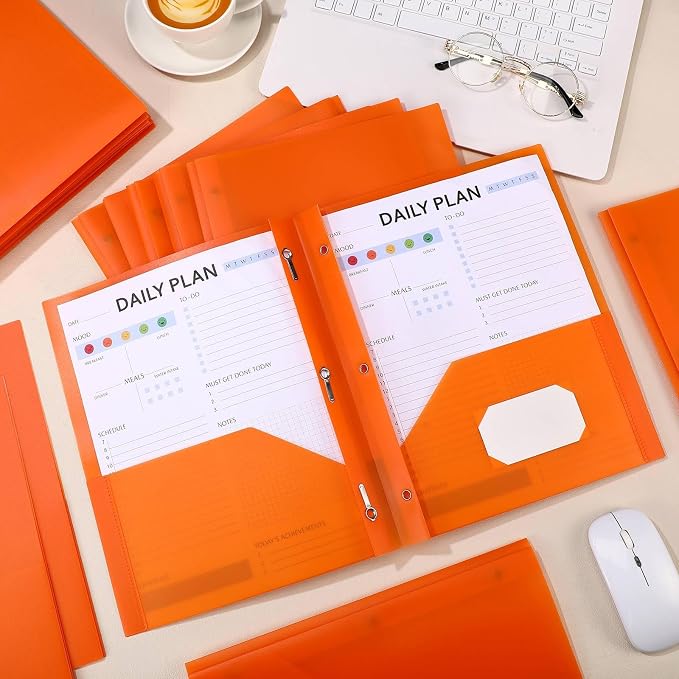 Cholemy 168 Packs Pocket Folders with Prongs Heavy Duty Plastic Folder with Business Card Slot 3 Prong Fasteners for School Office (Orange) - Image 4