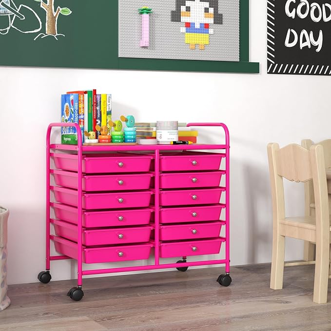 GOFLAME 12-Drawer Rolling Storage Cart, Multifunctional Art Craft Organizer Cart, Mobile Utility Storage Cart with Removable Drawers & Lockable Wheels, Craft Cart for Home Office School, Hot Pink - Image 2