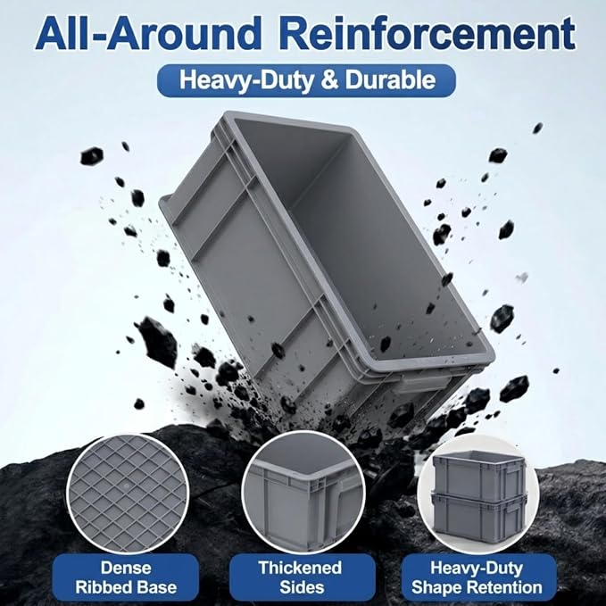 3-Pack Heavy Duty Part Bins, Stackable Tool Storage Bin for Hardware | Straight Wall Container for Screws, Nuts & Bolts, Industrial Organizer Bin for Wearhouse & Factory (13.5"L*10.3"W*5.1"H) - Image 2