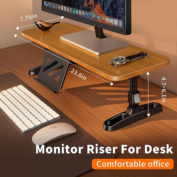 Wooden Monitor Stand Riser for Desk,Adjustable Height Monitor Shelf Riser with Phone Holder,Desk Storage Organizer Accessories,Wood Computer Screen Stands for Office,Home,Laptop,Printer,TV - Image 2
