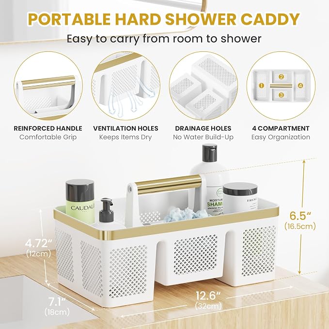 BYUNER Portable Cleaning Caddy & Shower Basket: Hard Plastic Caddy Organizer with Handle, 4 Divided Compartments, All-Side Drainage for Bathroom, Dorm & Utility, College Dorm Room Essentials - Image 8