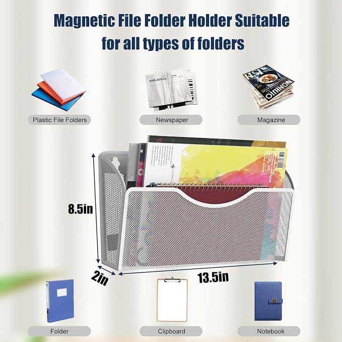 6PCS Magnetic File Holder - File Paper Mail Organizer, No Drilling Magazine Paper Document Holder, Hanging Magazine Rack for Refrigerator, White Metal Wire Mesh, 13.5 x 2 x 8.5 inches - Image 4