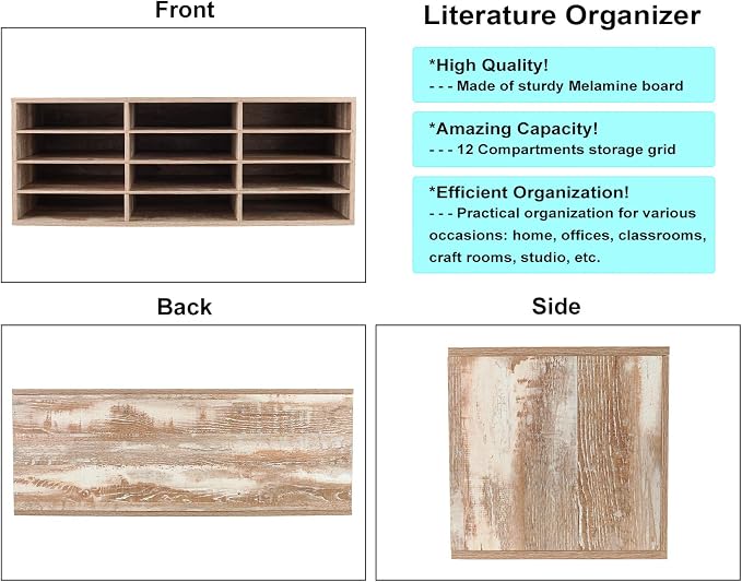 Mail Sorter Wood Countertop Literature Organizer, Student Mailbox for Classroom, Desktop Bill Paper Holder Rack for Office Home School, 12 Compartments, Retro White - Image 2