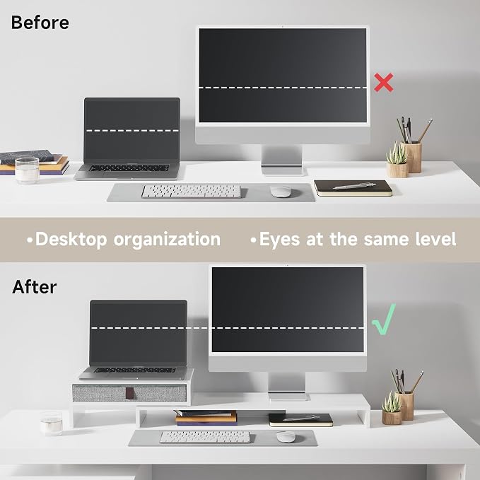 Fenge Triple Monitor Stand with Srorage Drawer, Adjustable Length and Angle | Computer Monitor Riser for 2 or 3 Monitors, Wooden Desktop Laptop Stand, Office Organizer for PC, Screen, Tablet, White - Image 9