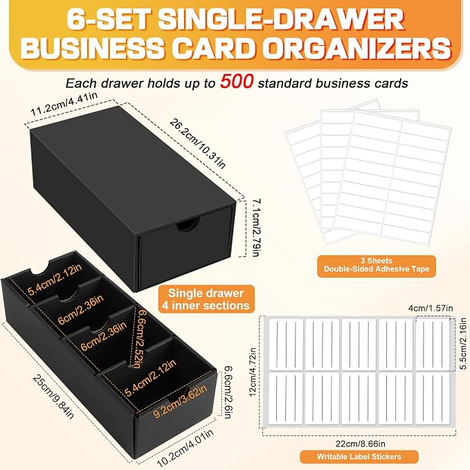 Business Card Storage Box 6 Pack, Stackable Card Organizer with Pull-Out Drawers and 24 Sections, Holds Up to 3000 Cards, Black Corrugated Desktop Filing Boxes with Labels - Image 2
