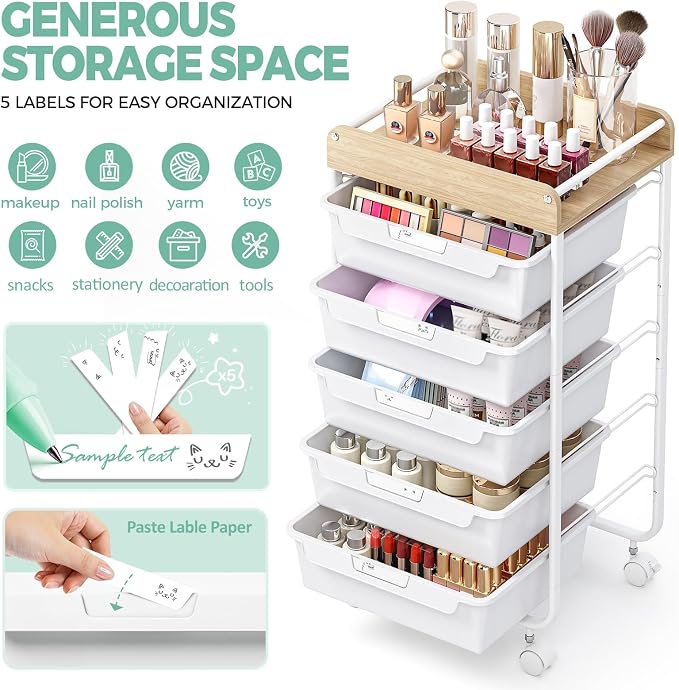 Utility Cart with 5 Drawers, Art Cart for Teacher Kid, White | Rolling Storage Cart for Crafters Artists Student Storage Arts Crafts & Study Supplies in Craft Room Dorm Classroom Kids Room - Image 4