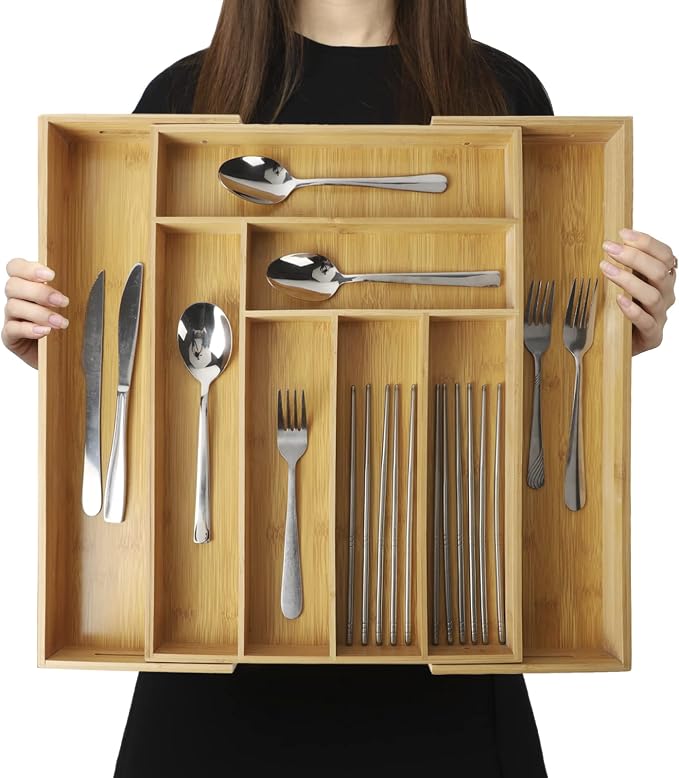 BAMOTTO CRAFTBAMBOO Expandable Bamboo Drawer Organizer for Kitchen, 8 Slot | Silverware & Cutlery Tray | Utensil Holder | 12.8"–20" Adjustable | Office & Bathroom | Flatware Organizer by BAMOTTOCRAFTBAMBOO