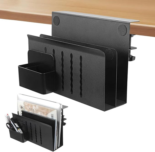 Desk Side Storage, Under Desk Storage, Steel Hanging Desk Organizer, Laptop Holder, with Pen Holder, No Drill Desk Storage Holder for Office and Home - 2 Tier(Black) by Domigard