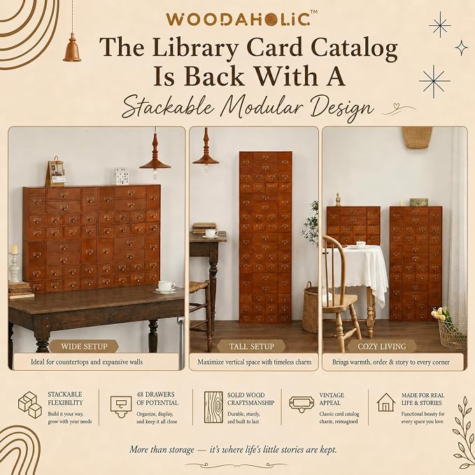 Modular Apothecary Cabinet with 48 Drawers I Stackable Library Card Catalog Organizer, Solid Wood Desktop Storage with Metal Label Holders for Makeup, Crafts, Oils, Tea & Office Supplies - Image 6
