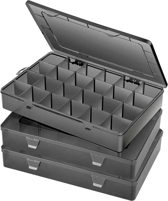 Gbivbe Large 24 Grids Plastic Organizer Box Adjustable Dividers,Clear Storage Box for Jewelry, Art DIY Crafts, Washi Tapes, Beads and Small Parts(Black,3Pack) by Gbivbe