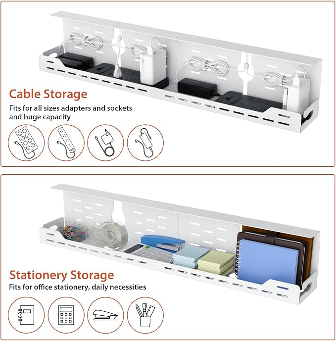 Univivi Under Desk Cable Management Tray, Cable Management, 32 inch, White | Durable Steel Material, Desk Cable Management with No-Drill C-Clamp and Screw Mount, Cord Management for Office/Home - Image 4