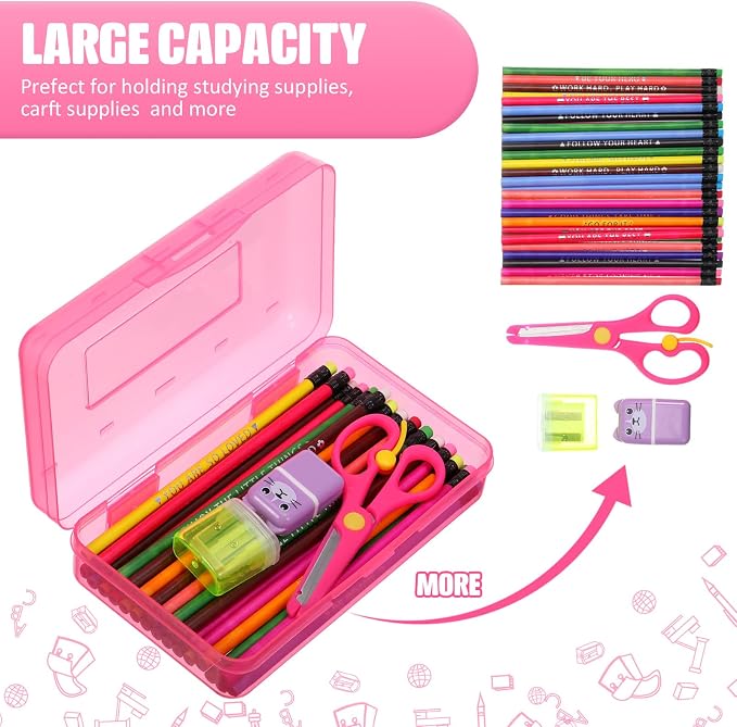 Leelosp 12 Pack Clear Pencil Boxes for School Bulk, Large Plastic Pencil Case with Lid, Stackable Hard Crayon Storage Box for Classroom Kids, Desk Drawer Organizer for Office Home(Pink) - Image 3