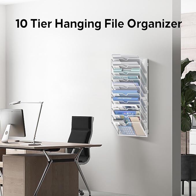 10-Tier Wall File Organizer and Hanging File Organizer, White | Wall Organizer and Wall Mounted File Holder with 14 Pockets and Label Panels for Files, Mail, Folders, Magazines and Paper - Image 4