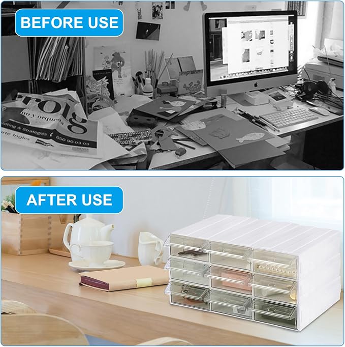9 Pcs Drawer Stacking Storage Cabinet with 18 Pcs Clear Dividers Organizer Rack & 9 Pcs Tag Card, Plastic Stacking Storage-in-Drawer Cabinet for Home Office Small Items - Image 7