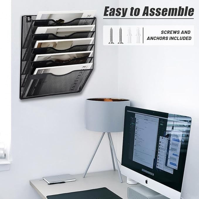 5 Pocket Mesh Hanging Wall File Organizer, Wall Mounted Mail Paper Document Folder Holder, Clipboard Storage Organization Magazine Rack with Nametag Label for Office Home School, Black - Image 5