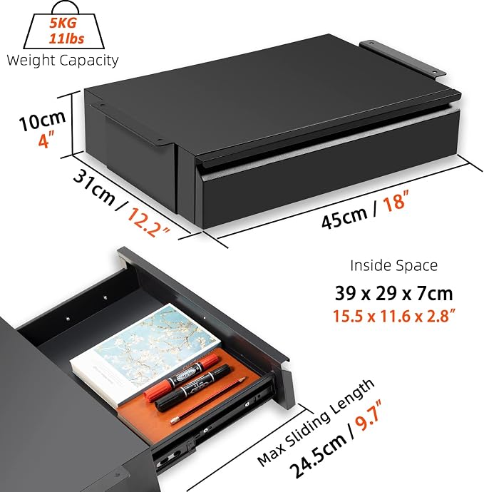 Under Desk Drawer 18”, Under Cabinet Counter Mount Pencil Drawer | Black Normal 1 Pack, Under Workbench Tool Storage Hanging Metal Drawer, Large Standing Desk Organizer for Flat Bottom Table - Image 3