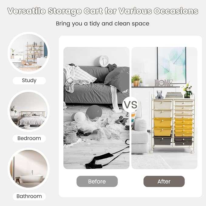 COSTWAY 15 Drawer Rolling Storage Cart, Mobile Storage Organizer | Removable Drawers & Metal Frame, Multipurpose Utility Tools Paper Organizer on Wheels for Home, Office (Yellow, Beige & Grey) - Image 7
