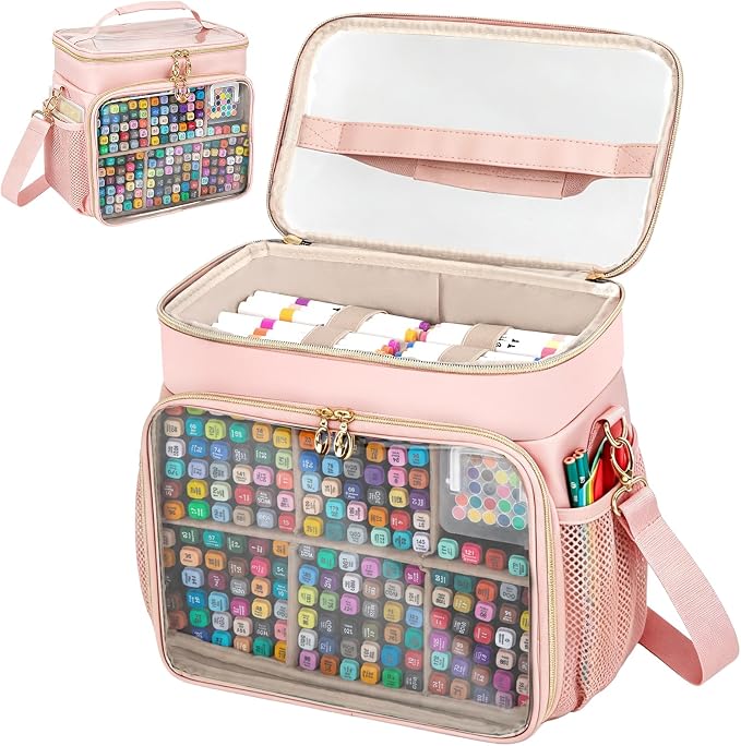 Large Double-Layer Marker Organizer Case for 200-300 Markers, Pink | Marker Bag with Removable Dividers, Marker Organizer for Markers, Pencils, Crayons or Other Art Supplies, (Bag Only) by wigojoy