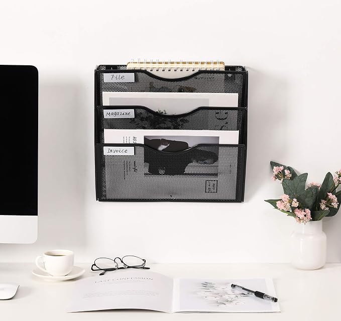 EasyPAG 3 Pocket Mesh Wall File Organizer, Hanging Paper Folder Holder with Classify Label, Vertical Wall Mount Mail Organizer for Office Home Classroom, Black - Image 6