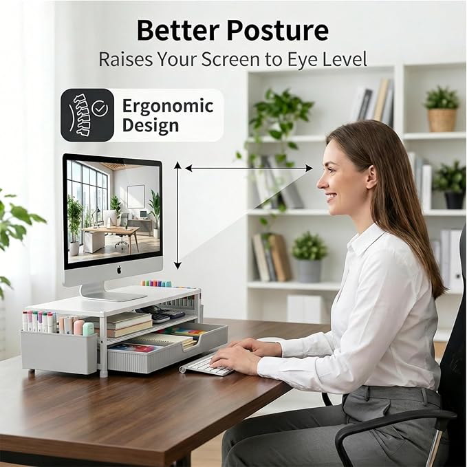 ECOLOVI Desk Organizer and Accessories, 2-Tier Computer Monitor Stand Rise with Storage Drawer & 2 Pen Holders, Laptop & Printer Stand for Desktop, Workspace Organizers for Office Supplies (White) - Image 4