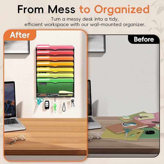 2Pack 8-Tier Wall File Organizer with Hook, Hanging File Organizer Black | Wall-mounted mail storage holds papers, folders, files, clipboards and magazines, assembly required for office or home use. - Image 5
