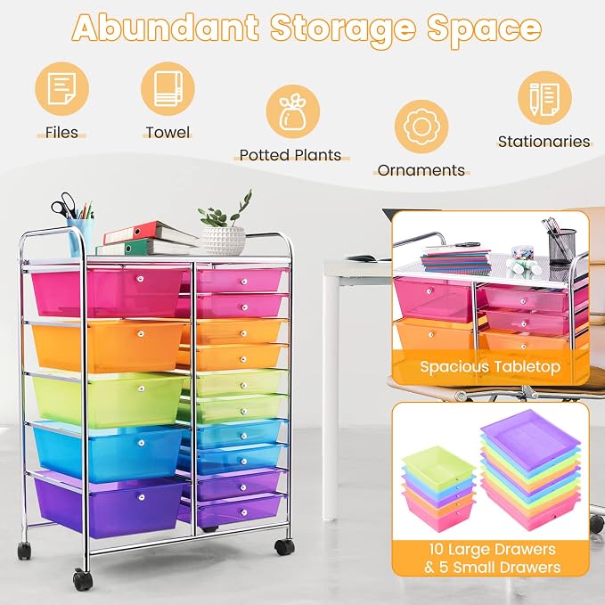 COSTWAY 15 Drawer Rolling Storage Cart, Mobile Storage Organizer | Removable Drawers & Metal Frame, Multipurpose Utility Tools Paper Organizer on Wheels for Home, Office (Rainbow) - Image 4