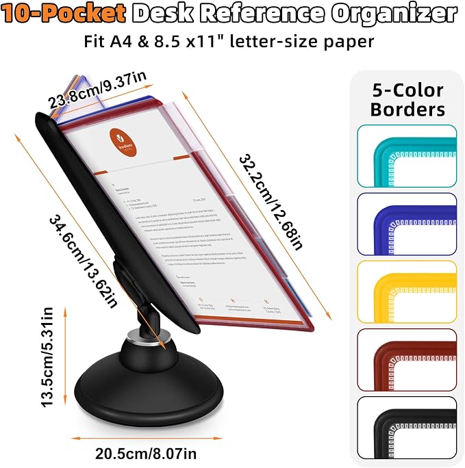 10-Pocket Desktop Reference & Display System with 360° Adjustable Base, Fast Flip & Find Desk Reference Organizer, A4/Letter Size 10 Double-Sided Panels with 5-Color Borders & Index Tabs, Black - Image 2
