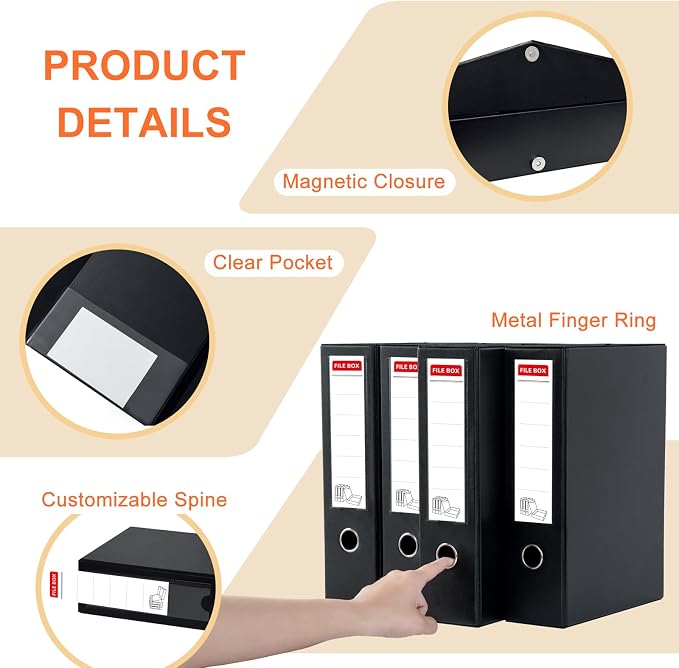 Storage File Boxes 4 Pack, Foldable File Box with Clip, 88mm Spine, Black | Archives Cases with Magnetic Closure, Plastic Document File Organizer Storage - Image 2