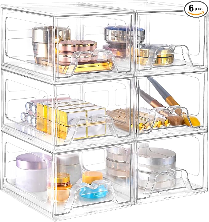 6 Pack Stackable Storage Drawers,Makeup Organizer with Pull-out Drawer | 4.4'' Tall, Acrylic Clear Plastic Storage Bins for Vanity,Pantry,Desk,Undersink,Kitchen,Bathroom by Stebopum