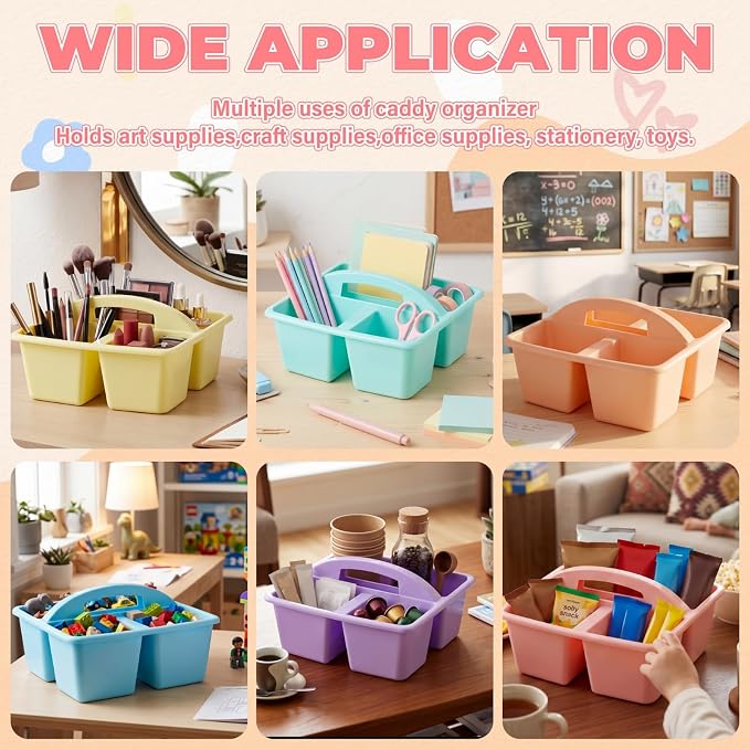 Kathfly 6 Pack Classroom Caddy Organizer with Handle, Plastic Art Craft Cleaning Caddy Bulk, Small Multipurpose Supply Organization Storage Basket for Table Desk Office Pencil Teacher (Macaron Color) - Image 5