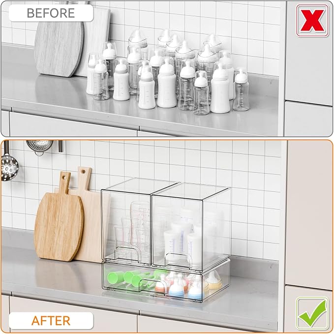 3 Set Baby Bottle Organizer for Countertop,BPA Free Bottle Station Organizer for Breast Pump Parts,Pacifier and Baby Accessories,Clear Stackable Storage Drawers and Home Edit Storage Containers - Image 6