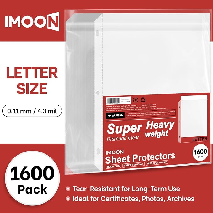 Super Heavyweight 3-Hole Letter Size Sheet Protectors - High Transparency Plastic Heavy Duty Sleeves for 3 Ring Binders, Archival Safe, Durable Page Protectors for Documents, 8.5x11 Inch (1600 Pack) - Image 2