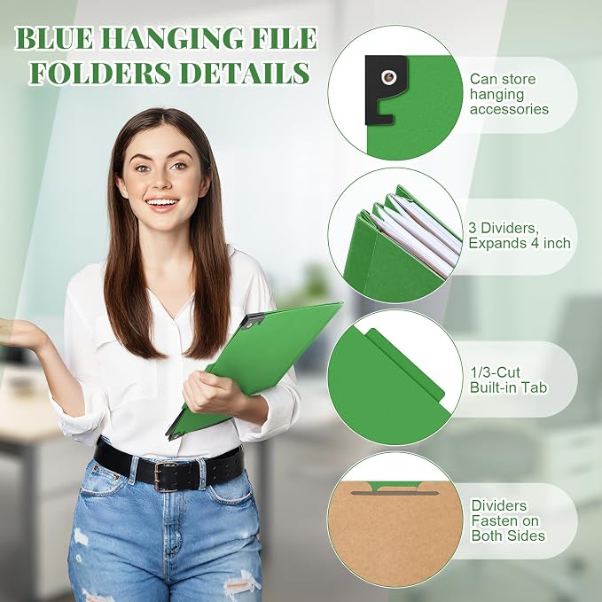 Henoyso 10 Pcs Hanging Classification Folders with Prongs, 3 Divider/ 8 Section, Letter Size, 8 Fasteners, 4 Inch Expansions, 1/3-cut Tab Pressboard File Folder for Office School Medical(Green) - Image 3