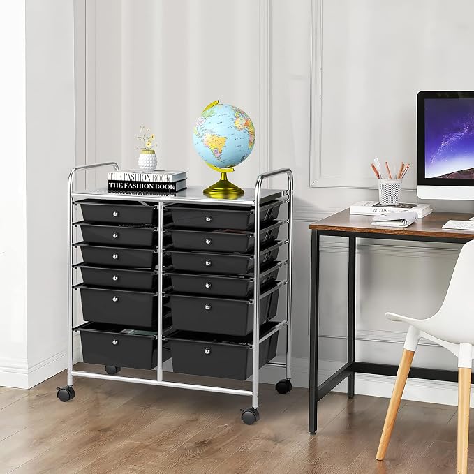 COSTWAY 12-Drawer Rolling Storage Cart, Moveable Art Craft Organizer | Lockable Wheels, Metal Shelf, Files Arrangement Tools Makeup Storage Cart for Office, Home, School (Black) - Image 2
