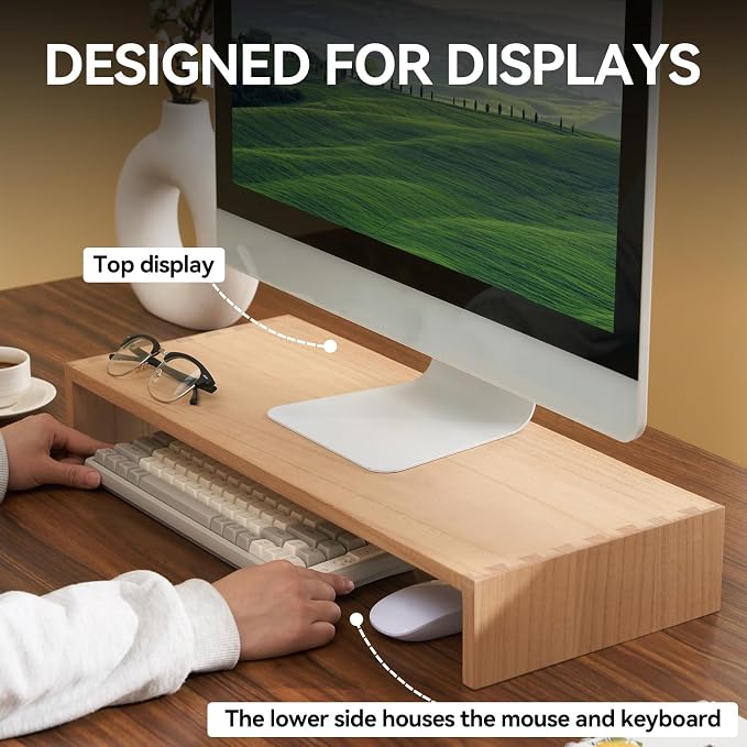 KIRIGEN Wood Monitor Stand Riser for Desk, 23.2 Inch, Natural 59-NA | Desktop Workspace Platforms Stand Fully Assembled for Monitors, Laptops, Small TVs, or Printers - Image 7
