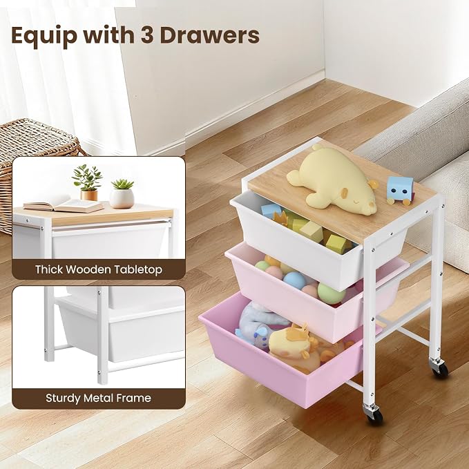 Rolling Cart with 3 Drawers, Plastic Drawer Storage Carts with Lockable Wheels & Wooden Tabletop, Metal Utility Cart Organizer, Office Bedroom Classroom Craft Organization and Storage, Bright Pink - Image 5