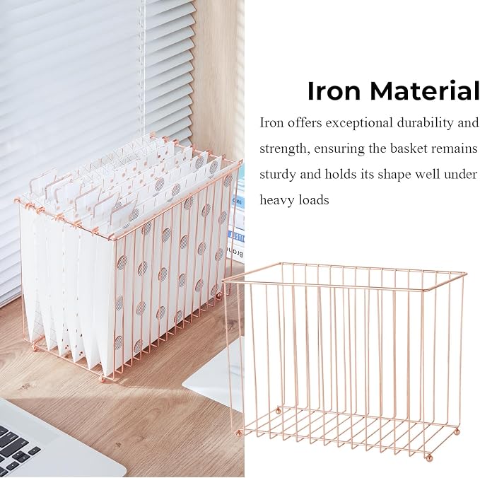 Y YOMA Hanging File Organizer, Letter Size Rose Gold Metal Desk File Crate Storage Basket for Home Office, 1 Pack, I Shaped - Image 3