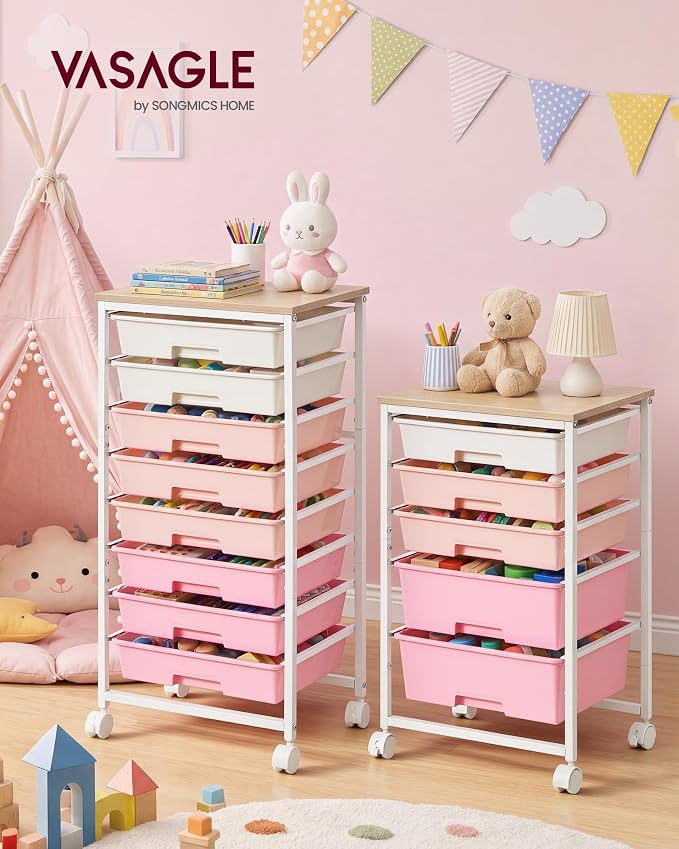VASAGLE 5-Drawer Rolling Storage Cart, Mobile Organizer Trolley with Wood Top and Metal Frame, for Craft Room, Office, 15.6 x 11.2 x 24.8 inch, Pink, BENCO Collection ULRC005S101 - Image 8