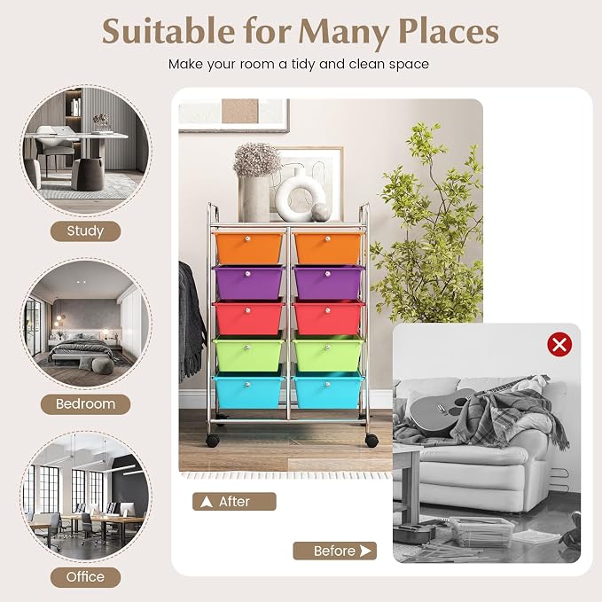 COSTWAY 10 Drawer Rolling Storage Cart, Utility Cart with Lockable Wheels | Mobile Art Supply Craft Organizer with Metal Frame, Multipurpose Drawer Cart for Paper for Office, School, Multi-color - Image 7