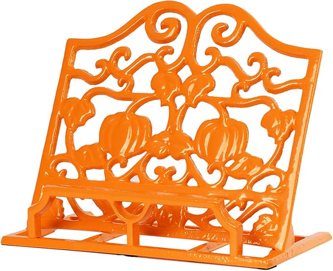 Vintage Cookbook Stand, Robust Wrought Cast Iron Recipe Book Holder for Kitchen Counter, Large Metal Cook Book Stand with Pumpkin Design, Orange by Minluful