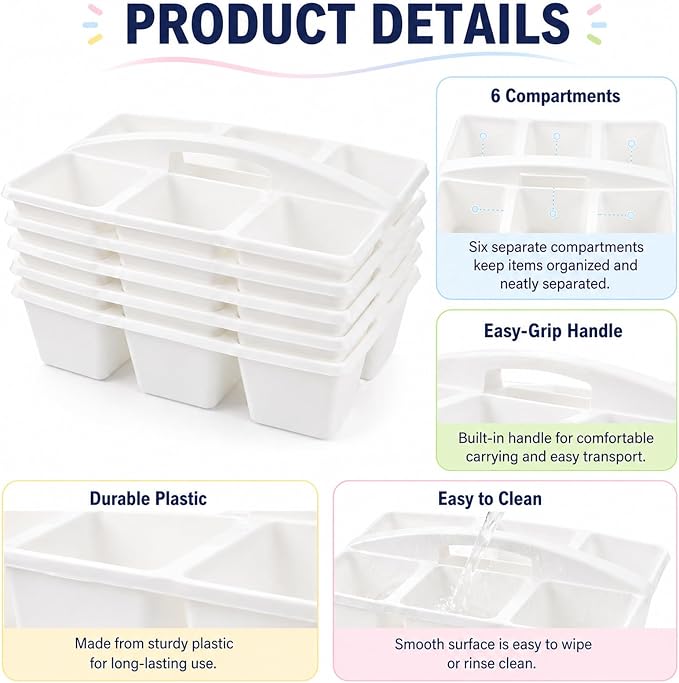 gisgfim 6 Pack Plastic Classroom Caddy with 6-Compartments Plastic Storage Caddies with Handle 6 Compartments Table Caddy Organizer Versatile Table Caddies for Classroom Office Storage, White - Image 3