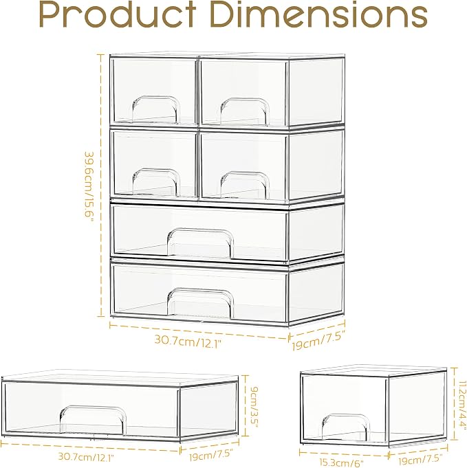Stackable Storage Drawers, 6 Pack Clear Plastic Makeup & Bathroom Organizer, Versatile Storage Bins for Vanity, Under Sink, Kitchen Cabinets & Pantry - Image 2