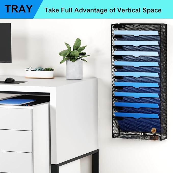 Hanging Wall File Organizer 10 Tier Wall Mounted File Holder Document Wall Organizer Magazine Organization for Office Home, Black - Image 7