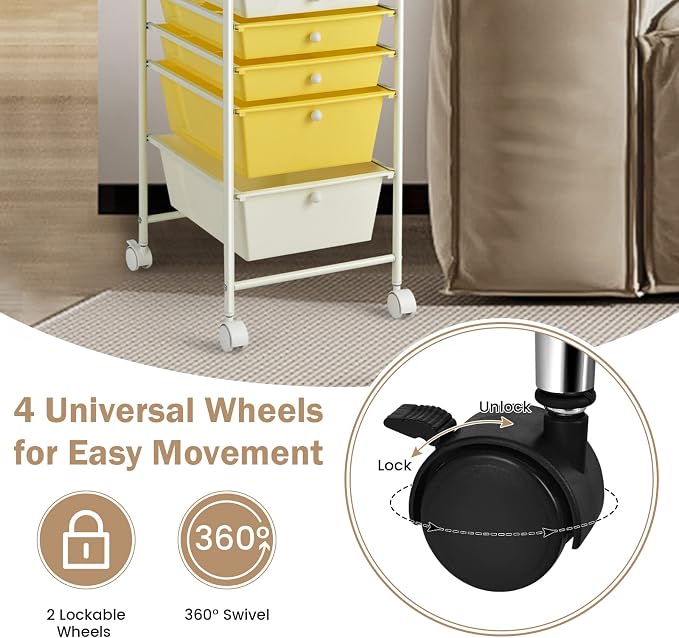 COSTWAY 6-Drawer Rolling Storage Cart, Art Craft Tools Organizer on Wheels | Multifunctional Heavy Duty Utility Mobile Storage Trolley w/ 2 Lockable Wheels for Home Office School (Yellow, Beige & Grey) - Image 5