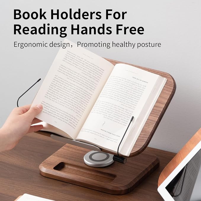 Book Stand for Reading, Mayhas Adjustable Book Holder with 360° Swivel Base&Page Clips, Foldable Desktop Stand for Cookbook, Fits All Books (Walnut, Wood Base) - Image 3